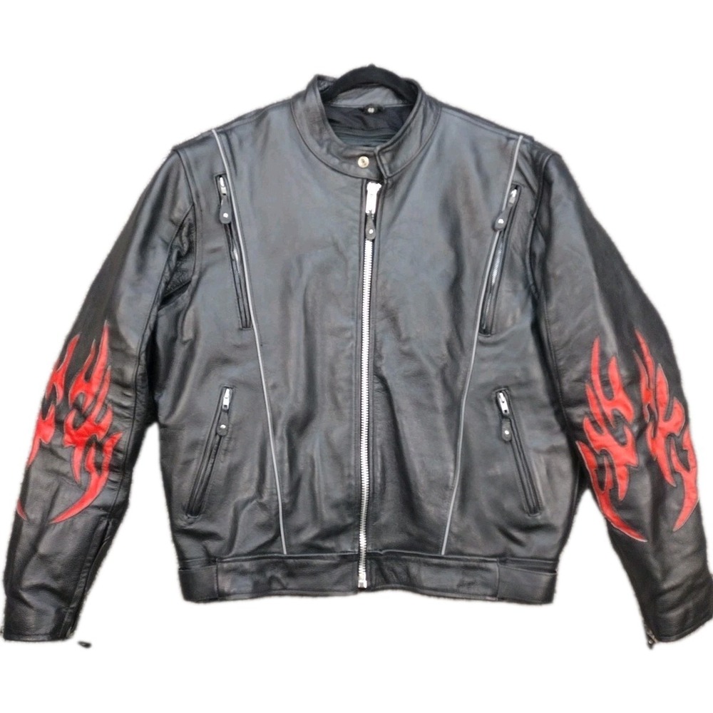 Genuine Leather Motorcycle Jacket W/Flames 🔥Vented Mens Size 48 Zip Out Liner